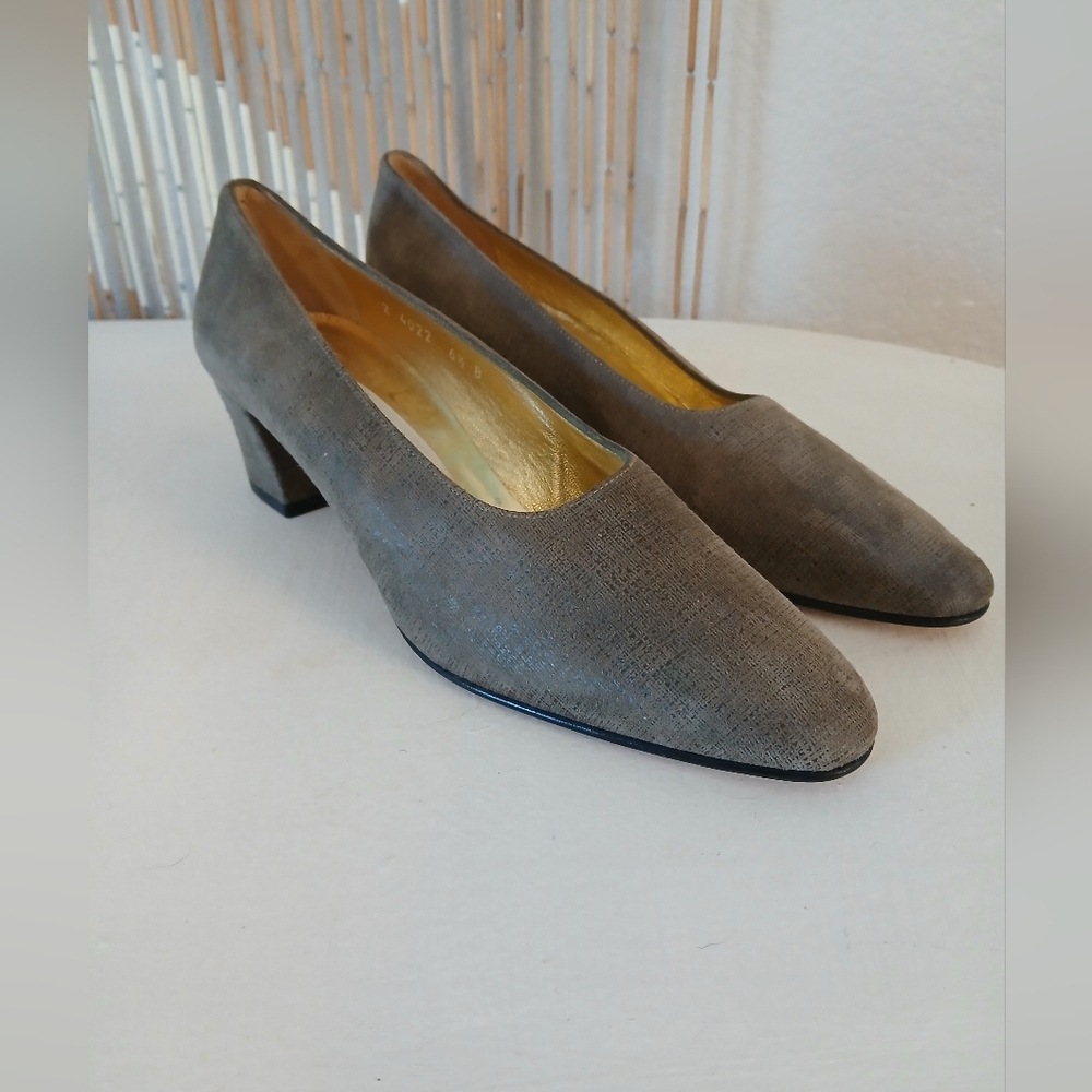 Pancalidi Italian Suede Leather Gray Block Heel Pumps Shoes Size 6.5